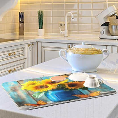 Butterfly Sunflowers Jar Dish Drying Mat Kitchen Dish Drying Pad Absorbent Microfiber Kitchen Decor for Draining Racks Sinks Coffee Bar 16x18 Inch - size: 16x18in