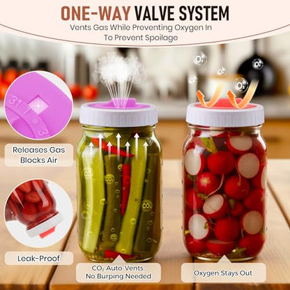 4PCS Mason Jar Fermentation Lids with 4PCS Plastic Mason Jar Rings | 4 colors, 1–31 date dial with a rotatable arrow handle, Air release, Value combo