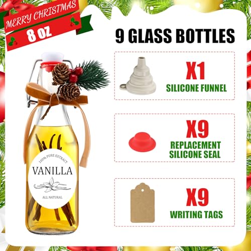 Sieral 9 Sets Vanilla Extract Bottles Clear Swing Top Glass Bottles for Gift Giving Homemade Vanilla Extract Jar Funnel Rope Labels for New Year Brewing Oil Beer Tea DIY Supply (Round Stickers,8 oz) - size: 8 oz, style: Round Stickers