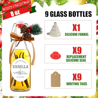 Sieral 9 Sets Vanilla Extract Bottles Clear Swing Top Glass Bottles for Gift Giving Homemade Vanilla Extract Jar Funnel Rope Labels for New Year Brewing Oil Beer Tea DIY Supply (Round Stickers,8 oz) - size: 8 oz, style: Round Stickers