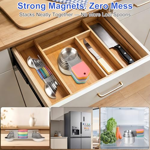 Magnetic Measuring Cups & Spoons Set, Patented, Strong N45 Magnets, Heavy Duty Stainless Steel Fits in Spice Jars for Baking & Cooking, Round Set of 15 with Leveler Colorful - color: Colorful