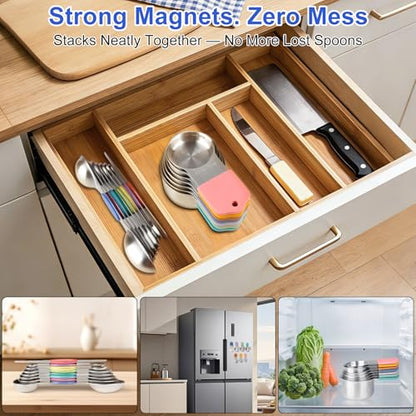 Magnetic Measuring Cups & Spoons Set, Patented, Strong N45 Magnets, Heavy Duty Stainless Steel Fits in Spice Jars for Baking & Cooking, Round Set of 15 with Leveler Colorful - color: Colorful