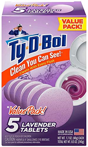 Ty D Bol Toilet Cleaning Tablets with Continuous Clean With Lavender color to deodorize your Toilets for a Fresh Smelling Bathroom 10 tabs (2-5 count packs)