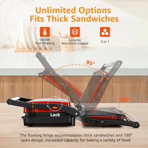 Panini Press Grill, Aigostar 1000W Sandwich Maker with Ceramic Non-stick Plates, Opens 180 Degrees for Any Size Food, 3-in-1 Sandwich Press Electric Grill, Drip Spout & Locking Lid, Red - color: Red