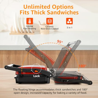 Panini Press Grill, Aigostar 1000W Sandwich Maker with Ceramic Non-stick Plates, Opens 180 Degrees for Any Size Food, 3-in-1 Sandwich Press Electric Grill, Drip Spout & Locking Lid, Red - color: Red