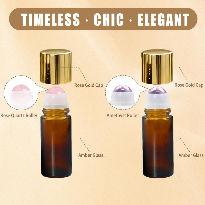 Rose Quartz & Amethyst Roller Bottles for Essential Oils, 50ml Refillable Amber Glass Roll On Bottles with Natural Crystal Roller Balls, Leak-Proof Travel Perfume Bottle with Gold Caps - color: Pink+Purple