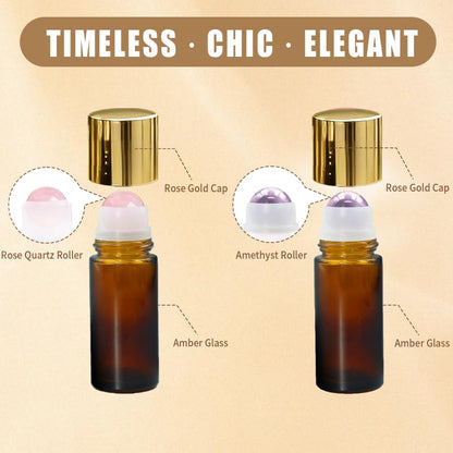 Rose Quartz & Amethyst Roller Bottles for Essential Oils, 50ml Refillable Amber Glass Roll On Bottles with Natural Crystal Roller Balls, Leak-Proof Travel Perfume Bottle with Gold Caps - color: Pink+Purple