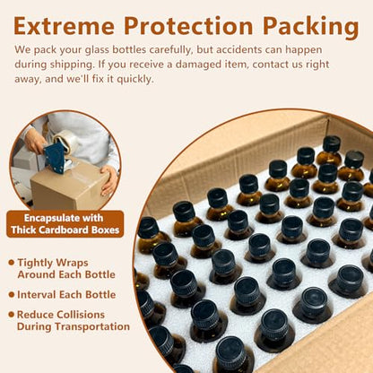 40 Pack 2oz Amber Glass Boston Round Bottles with Polycone Leak-Proof Phenolic Caps – Brown Airtight Refillable Containers for Homemade Vanilla Extract, Essential Oils, Herbal Medicine, and Syrups - size: 2oz