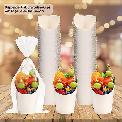 Disposable Charcuterie Cups 60 PCS with 200PCS Sticks and 60PCS Bags | 14 oz Kraft Paper Snack Boxes Appetizers Cup French Fry Holder with Cocktail Skewers Toothpicks Tooth Picks, White - color: White, size: 14 Oz 60 Pcs Set
