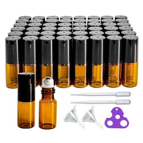 50 PCS 3ml Amber Glass Roller Bottle,Essential Oil Sample Vials with Stainless Steel Roller Ball,Black Caps,for Travel Perfume Cosmetics Small Container(2 Funnels, 2 Dropper, 1 Opener) (3ml) - size: 3ml