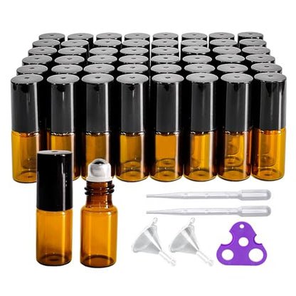 50 PCS 3ml Amber Glass Roller Bottle,Essential Oil Sample Vials with Stainless Steel Roller Ball,Black Caps,for Travel Perfume Cosmetics Small Container(2 Funnels, 2 Dropper, 1 Opener) (3ml) - size: 3ml