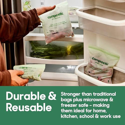 Compostic Compostable Snack Bags, Snack Size (180 + 20 Count) Bulk Pack — Resealable Zip-Seal, Plant-Based, Home Compostable, Freezer Safe, BPA-Free, Non-Toxic, GMO-Free Food Storage Bags - size: 180 Count, style: Snack
