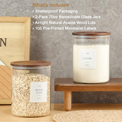 2 Pack Glass Rice Containers with Acacia Wood Lids, 70oz Airtight Flour and Sugar Jars with 105 Labels, Large Glass Pantry Storage Jars for Cereal, Protein Powder, Cookies, Dry Food - size: 70oz 2 Pack