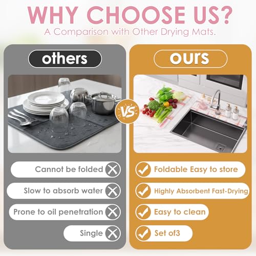 3 PCS Large Stone Dish Drying Mat for Kitchen Counter -24"x16" Absorbent Diatomaceous Earth Mat with Stone Faucet Mat & Soap Tray - Quick Dry, Collapsible, Non-Slip Countertop Organizer - color: pink gold texture