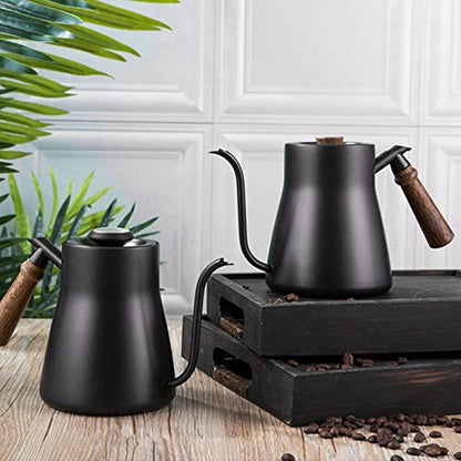 850ml Gooseneck Coffee Kettle with Thermometer, Stainless Steel Pour Over Pot with Wood Handle, Non Slip Bottom, and for Coffee Brewing