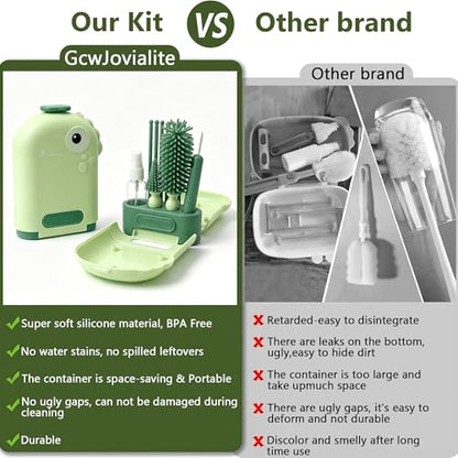 Travel Baby Bottle Brush Kit with Case, 6-in-1 Portable Bottle Cleaning Set for Baby Bottles, Nipples, Straws and Breast Pump Parts, Includes Drying Rack and Soap Dispenser, Green