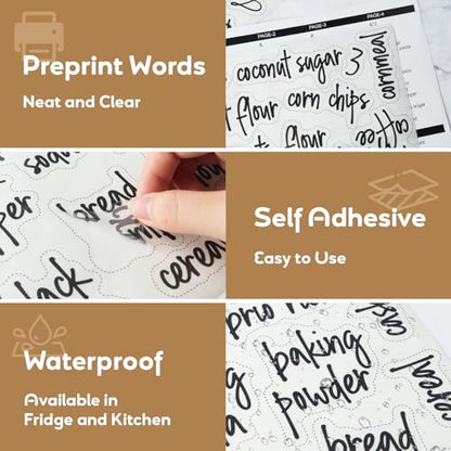 170PCS Food Pantry Labels, Kitchen Container Storage Labels Spice Organize Storage Jars Boxes Bottles Preprinted Black Script Clear Stickers - Water and Oil Resistant - color: Kitchen Labels-clear