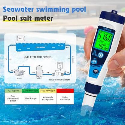 Digital Pool Salt Tester & pH Meter, 5 in 1 Salinity Meter for Salt Water Pool, Hot Tub & Aquarium, EC TDS Temperature Tester, Professional High Accuracy - color: Blue pH meter