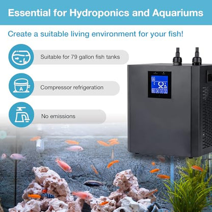 Aquarium Chiller, 79gal 1/3 HP Water Chiller, Hydroponic Cooler Fish Tank Cooling System for Axolotl Coral Reef Shrimp with Water Pump and Pipe for Home Use (79gal/300L, 1/3HP)