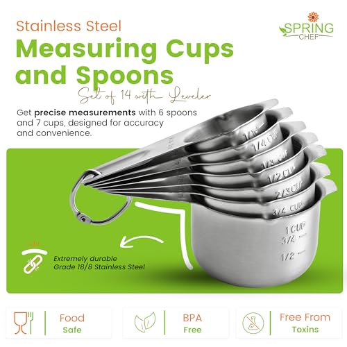 Spring Chef Stainless Steel Measuring Cups and Spoons Set of 14 with Leveler, Nesting Kitchen Metal Measuring Cups and Spoons Set for Dry and Liquid Ingredients, Perfect for Cooking & Baking - style: Cups & Spoons - Set of 14