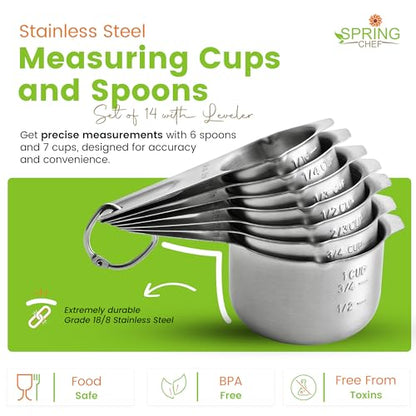 Spring Chef Stainless Steel Measuring Cups and Spoons Set of 14 with Leveler, Nesting Kitchen Metal Measuring Cups and Spoons Set for Dry and Liquid Ingredients, Perfect for Cooking & Baking - style: Cups & Spoons - Set of 14