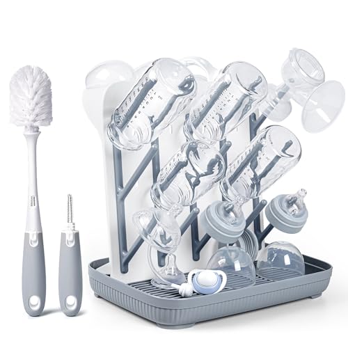 Termichy Baby Bottle Drying Rack: Vertical Bottle Dryer Rack Holder with Brushes Set- Drying Rack & Nipple Scrubber-Space Saving Standing Drying Rack for Baby Bottles and Pump Part Cleaning - color: Gray(with Brushes)