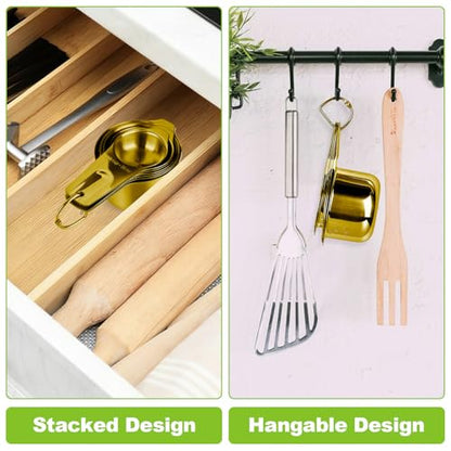 7 Pcs Gold Measuring Cups Stainless Steel, Nesting Metal Measuring Cups with Markings & Ring, Stackable Measure Cups Spoons Set for Cooking Baking Supplies, Kitchen Utensils for Dry Liquid Ingredients - color: Gold