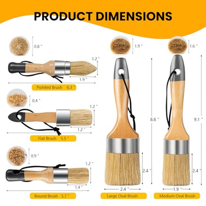 Chalk Paint Brush, Wax Paint Brush Set of 5, Wax Brushes and Chalk Paint for Furniture DIY Art Crafts, Natural Bristle Round Oval Brush for All Painting and Waxing - size: 1 Large + 1 Medium + 3 Small, 5 Pack