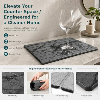 Large Stone Dish Drying Mat for Kitchen Counter, Quick Dry Stones Dishes Mats, Foldable Water Absorbing Diatomaceous Earth Drying Pad for Plate Rack Bottles Utensils (Dark Gray 24"×16" & 8"x4")