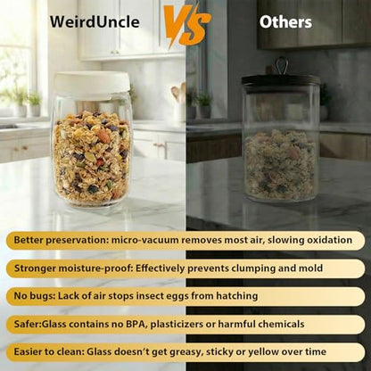 Micro-Vacuum Glass Storage Containers with Built-in Pump(42OZ/20OZ), Airtight Food Storage Container Kitchen Pantry Storage Jar, best for Coffee Beans, Cereal, Fruit, Nuts, Snacks, Candy
