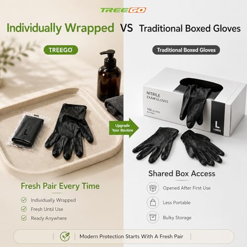 TREEGO Black Individually Wrapped Nitrile Gloves Bundle, Large, 110 Pairs Total, Disposable 5 Mil Latex Free Powder Free Gloves for Cleaning, Auto Detailing, Food Prep, Maintenance & Everyday Use