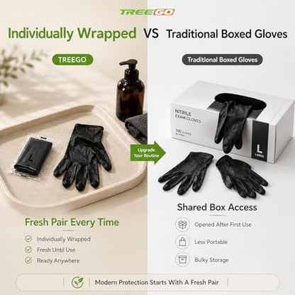 TREEGO Black Individually Wrapped Nitrile Gloves Bundle, Large, 110 Pairs Total, Disposable 5 Mil Latex Free Powder Free Gloves for Cleaning, Auto Detailing, Food Prep, Maintenance & Everyday Use