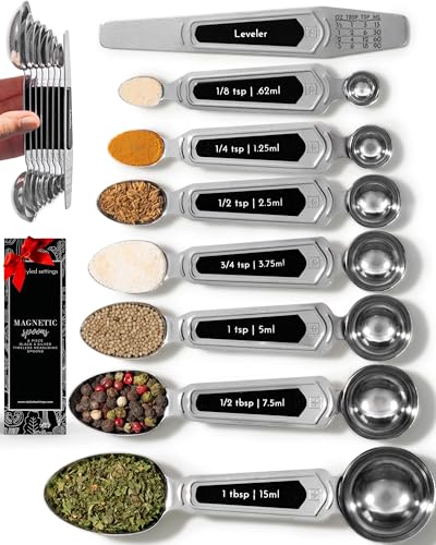 Stainless Steel Magnetic Measuring Spoons Set - 8-Piece Heavy Duty Metal, BPA-free, Stackable, Double Sided Measuring Spoons with Leveler for Dry and Liquid Ingredient - Fits in Spice Jars - color: Black & Silver