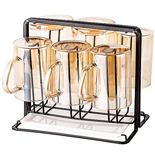Metal Cup Drying Rack with 6 Hooks Bottle Drying Rack with Drain Tray | Coffee Mug Holder,Mug Organizer Black - color: Black