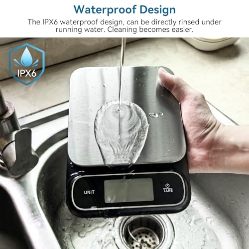 BOMATA Waterproof IPX6 Kitchen Scale, 0.1 g/0.01 oz High Precision, 5 kg/11 lbs, Digital Scale with Backlight, Stainless Steel Weighing Platform, for Food, Cooking, Baking, Weight Loss.. B619, Black - color: Black