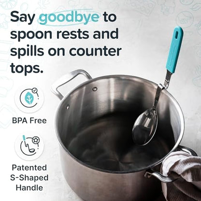 Souper Cubes + Lori Greiner No Mess Stainless Steel Cooking Spoon with Silicone Handle - Stainless Steel Serving Spoon No Mess Design Hooks on Side of Any Pot - Aqua - color: Aqua, size: Spoon 1-Pack