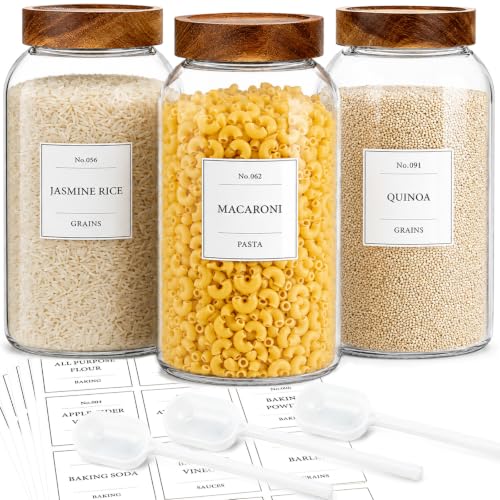 CONNOO 93 oz Set of 3 Large Glass Food Storage Jars Airtight Cereal Storage Jars with Acacia Wood Lids and 120 Labels Wide-Mouth Design for Easy Scooping Ideal for Flour, Rice, Pasta, Sugar, and More - color: cylindrical/93oz/3pcs