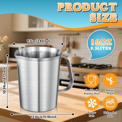 Stainless Steel Measuring Cup 18oz (2 Cup / 500ml), Heavy Duty Liquid Measuring Pitcher with Handle & Engraved Markings, Metal Measuring Cup for Coffee, Milk, Baking & Frothing - size: 18oz/500ml
