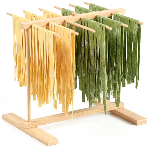 Bamboo Pasta Drying Rack with Transfer Wand and 12 Bars, Noodle Drying Rack for Pasta, Pasta Dryer Stand, Pasta Hanger for Kitchen