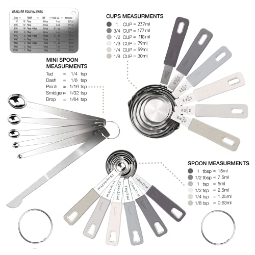 CuttleLab 22-Piece Stainless Steel Measuring Cups and Spoons Set, Tad Dash Pinch Smidgen Drop Mini Measuring Spoons, Measuring Stick Leveler, Measurement Conversion Chart Fridge Magnet, (Charcoal) - color: Charcoal