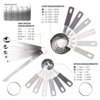 CuttleLab 22-Piece Stainless Steel Measuring Cups and Spoons Set, Tad Dash Pinch Smidgen Drop Mini Measuring Spoons, Measuring Stick Leveler, Measurement Conversion Chart Fridge Magnet, (Charcoal) - color: Charcoal