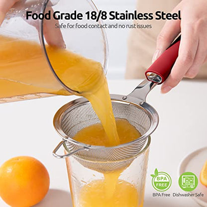 18/8 Stainless Steel Mesh Strainer: U-Taste 3.9 Inch Kitchen Fine Mesh Sieve Food Colander with Riveted Sturdy Silicone Handle and 30 Mesh Hole for Straining Flour, Quinoa, Tea, Juice (Red) - color: (4) Red, size: Small (3.9 x 11.1 in)