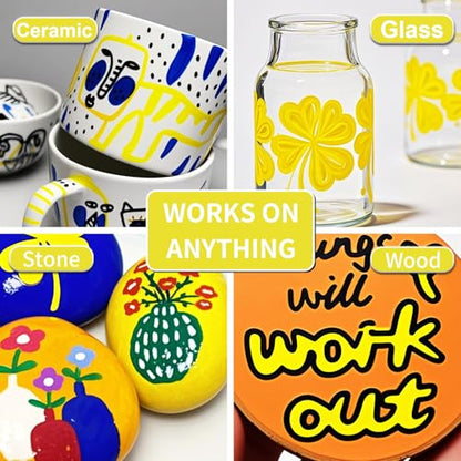 Acrylic Paint Pens Waterproof Markers 2 Yellow Permanent Marker Pens Acrylic Pens for Rock Painting Glass Stone Ceramic Metal Fabric Pebble Painting pens Craft Supplies - color: Yellow