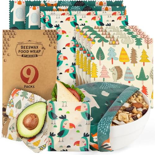 Akeeko Reusable Beeswax Food Wraps - Assorted 9 Packs, Reusable, Plastic-Free Food Storage, 5 Small, 2 Medium, 1 Large, 1 Extra Large Wraps with Forest Animals Pattern