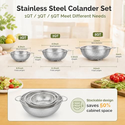 TeamFar Colander Set of 3, Stainless Steel Perforated Metal Colander Strainer with Handles for Spaghetti, Pasta, Berry, Rust Free & Dishwasher Safe - 1/3/5-quart - size: 1 + 3 + 5qt