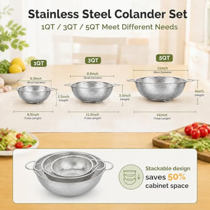 TeamFar Colander Set of 3, Stainless Steel Perforated Metal Colander Strainer with Handles for Spaghetti, Pasta, Berry, Rust Free & Dishwasher Safe - 1/3/5-quart - size: 1 + 3 + 5qt