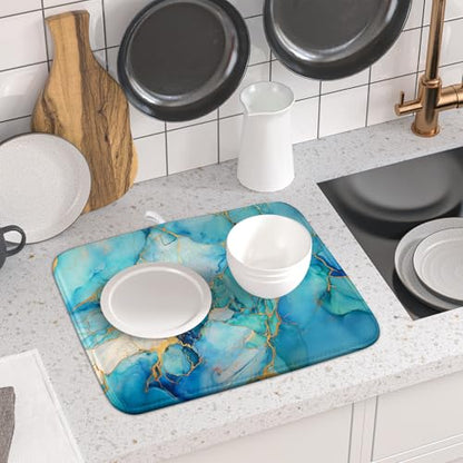 Marble Print Dish Drying Mat for Kitchen Counter,Blue Teal Turquoise Gold Drying Mat 16 x 18 Inch with Absorbent Reversible Microfiber Drying Pad for Coffee Bar - size: 16" x 18"