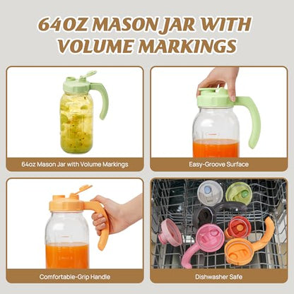 Soligt Glass Mason Jar Pitcher with Lid, Wide Mouth Flip Cap Pour Spout Leak-proof Lid with Handle, 64 oz (2 Quart / 1.9 Liter), for Iced Coffee/Sun Tea Juice/Cold Brew Coffee/Milk (1Pack, Tea Green) - color: Tea Green