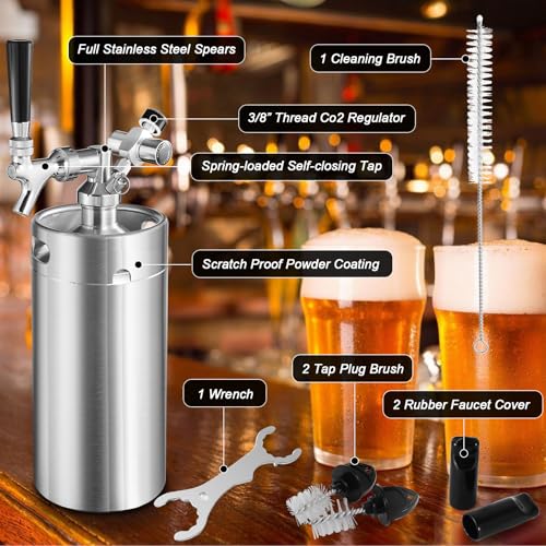 Ferroday Mini Keg Growler Tap System, 128Oz Mini Beer Growler, Stainless Steel Home Draft Beer Dispenser With Faucet&Co2 Regulator, Portable Beer Tap System Keep Beer Fresh And Carbonation - color: Silver