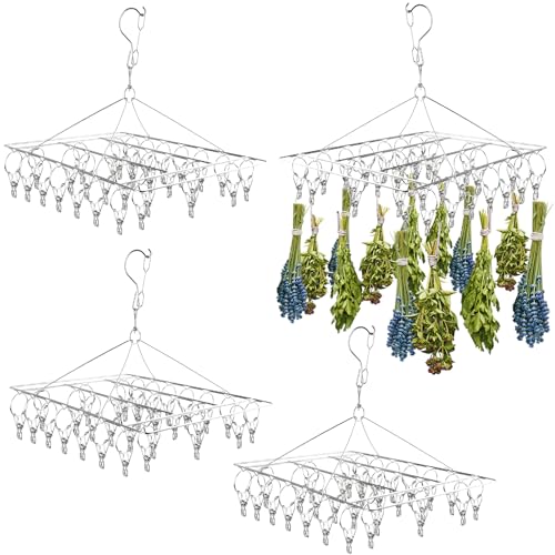 4 Pack Hanging Herb Drying Rack, Stainless Steel with 30 Hooks - Space Saving Herb Dryer for Fresh Herbs, Flowers, Tea & Culinary Herbs - Rustproof Kitchen & Garden Drying Rack